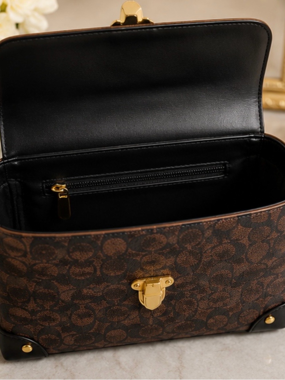 Brown Monogram-Style Structured Satchel Handbag – New - Picture 2 of 4